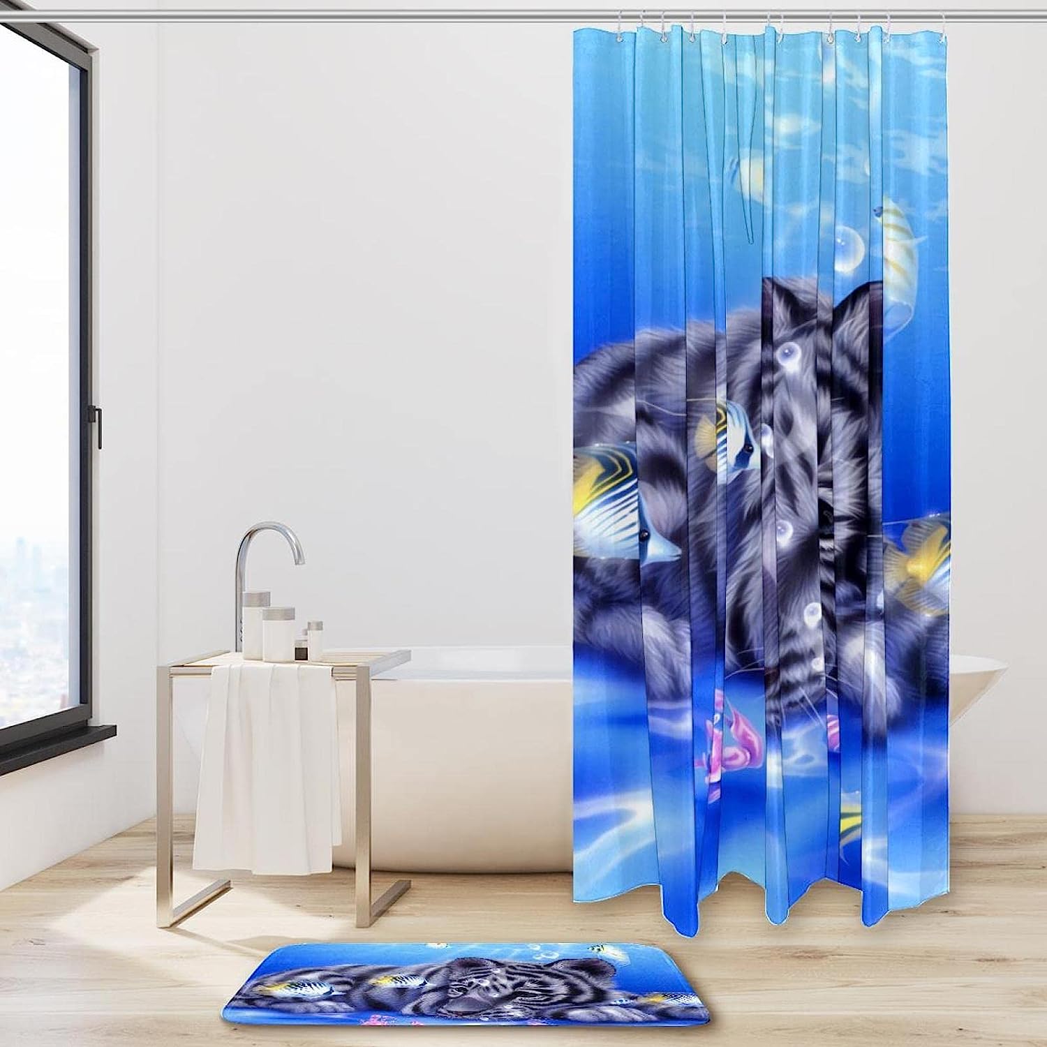 White Tiger and Fishes Waterproof Shower Curtain, Beautiful and Unusual Bathroom Accessory, Unique Design