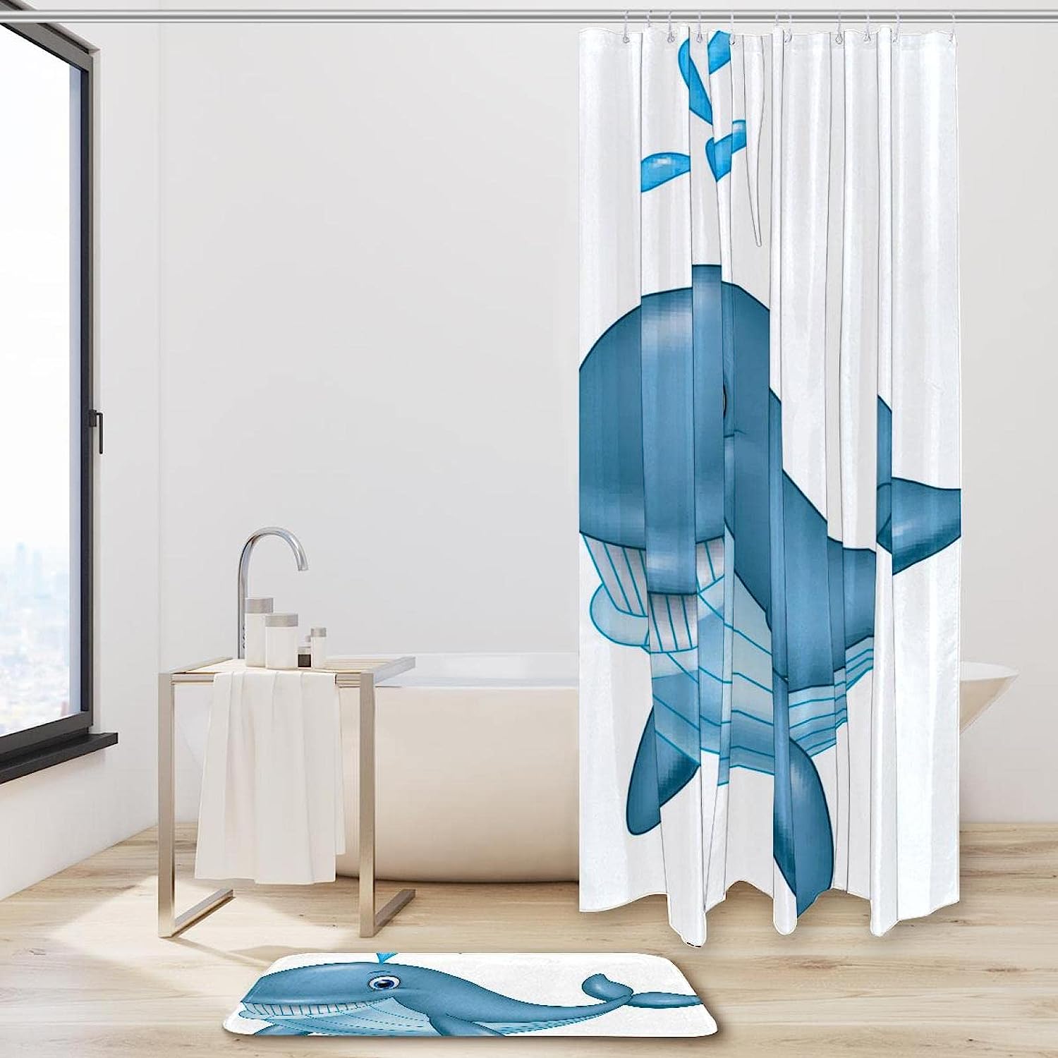 White Whale Shower Curtain with Waterproof Material for a Clean and Chic Bathroom