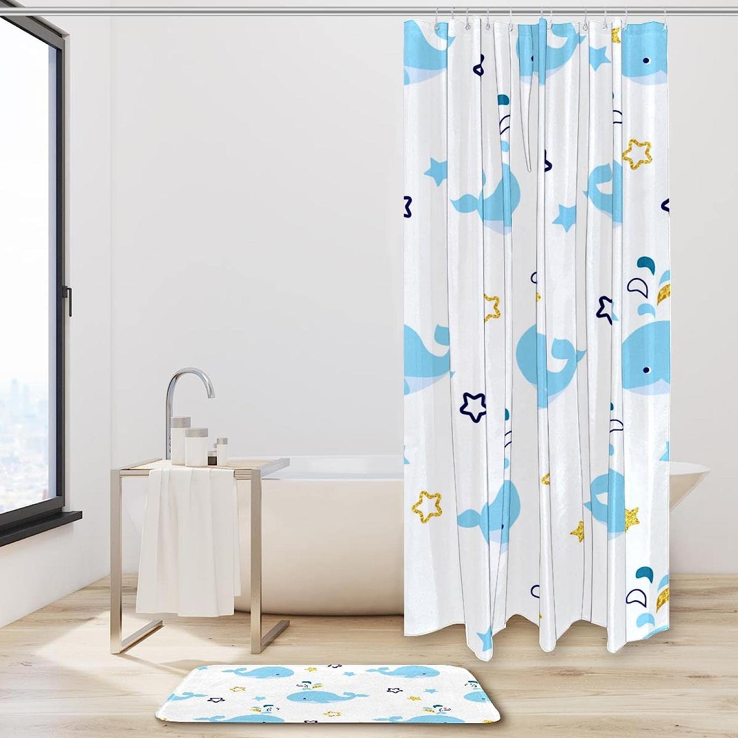White Whale Star Shower Curtain Mat for a Chic Bathroom