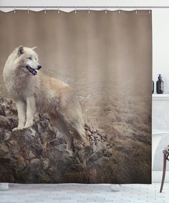 White Wolf On The Rocks Print Animal Shower Curtain For Bathroom Decor
