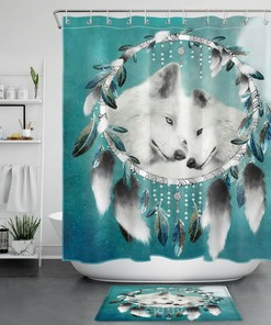 White Wolf Shower Curtain with Bohemian Dream Catcher Design for Elegant and Dreamy Bathroom Decor