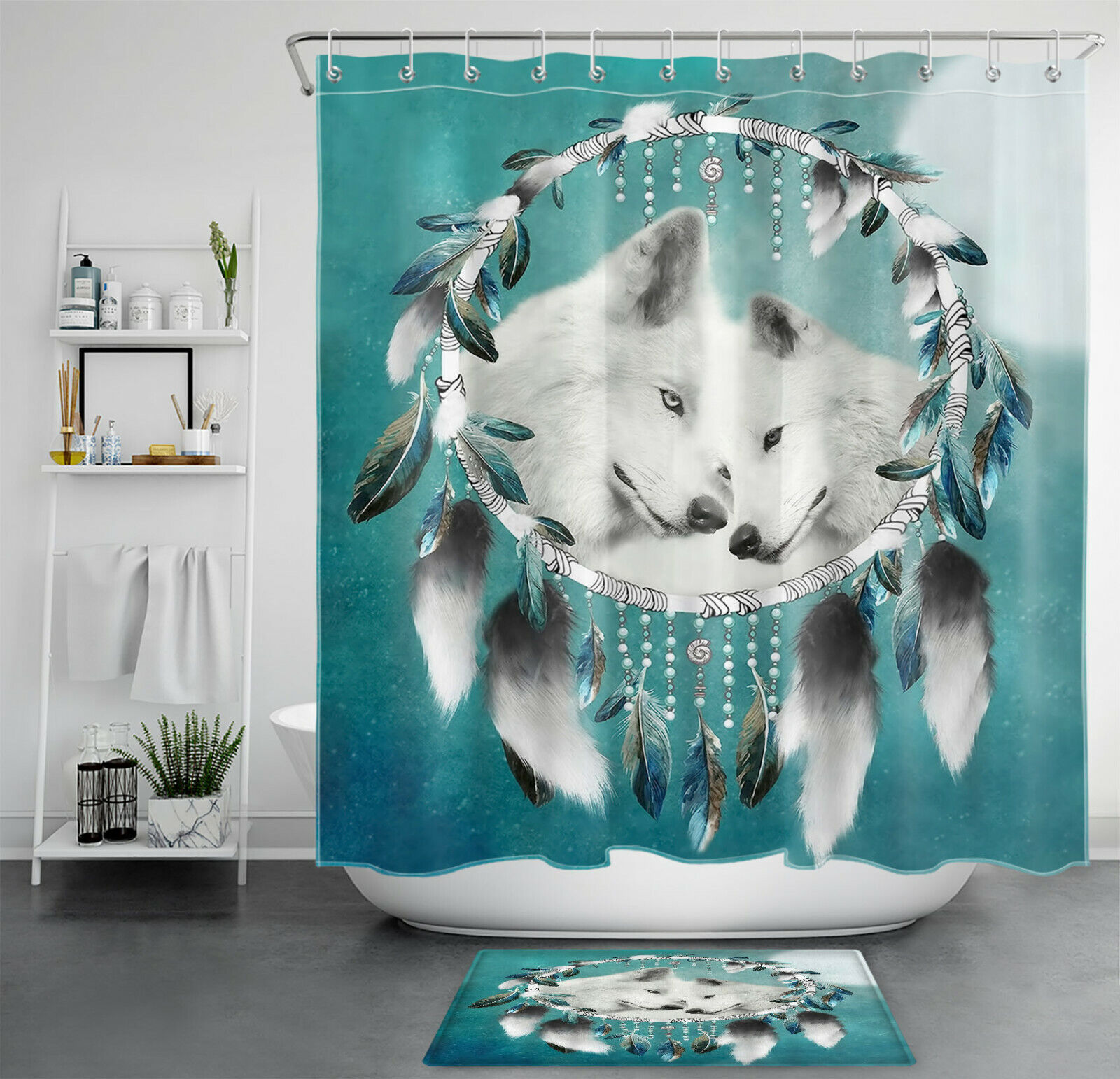 White Wolf Shower Curtain with Bohemian Dream Catcher Design for Elegant and Dreamy Bathroom Decor