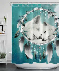 White Wolf Shower Curtain with Bohemian Dream Catcher Design for Elegant and Dreamy Bathroom Decor