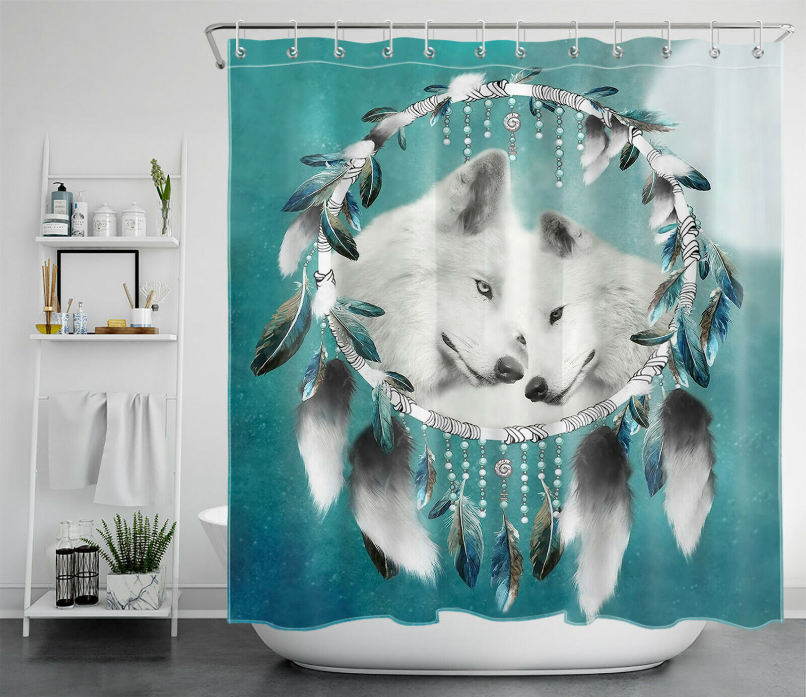 White Wolf Shower Curtain with Bohemian Dream Catcher Design for Elegant and Dreamy Bathroom Decor