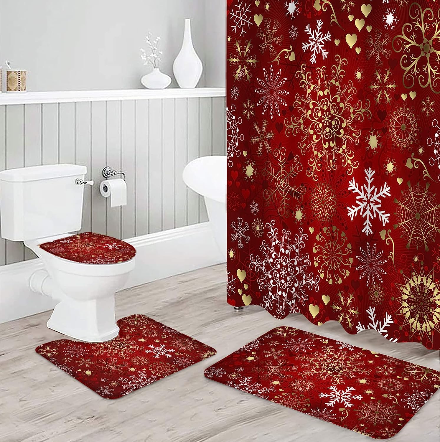 White Yellow Snowflake Love Heart Red Merry Christmas Bathroom Shower Curtain