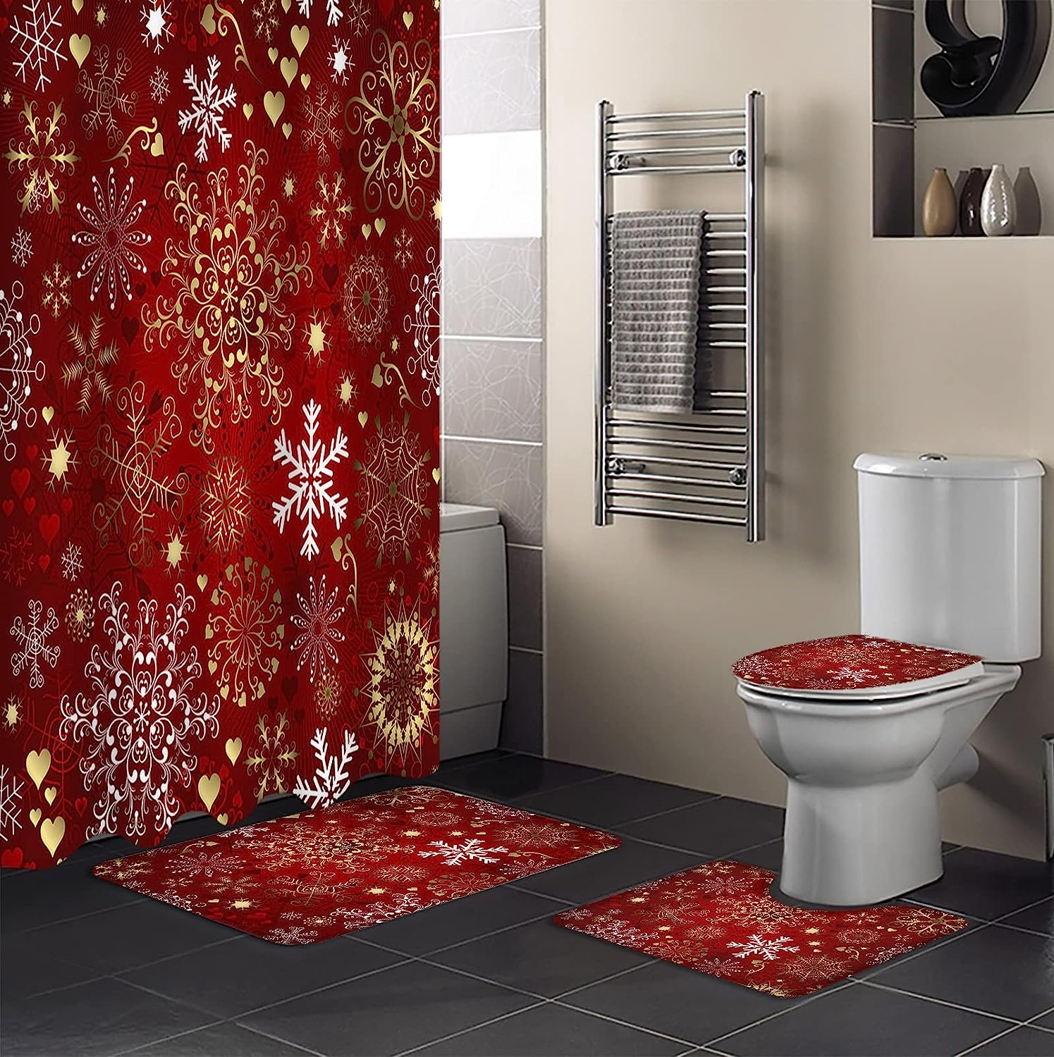 White Yellow Snowflake Love Heart Red Merry Christmas Bathroom Shower Curtain