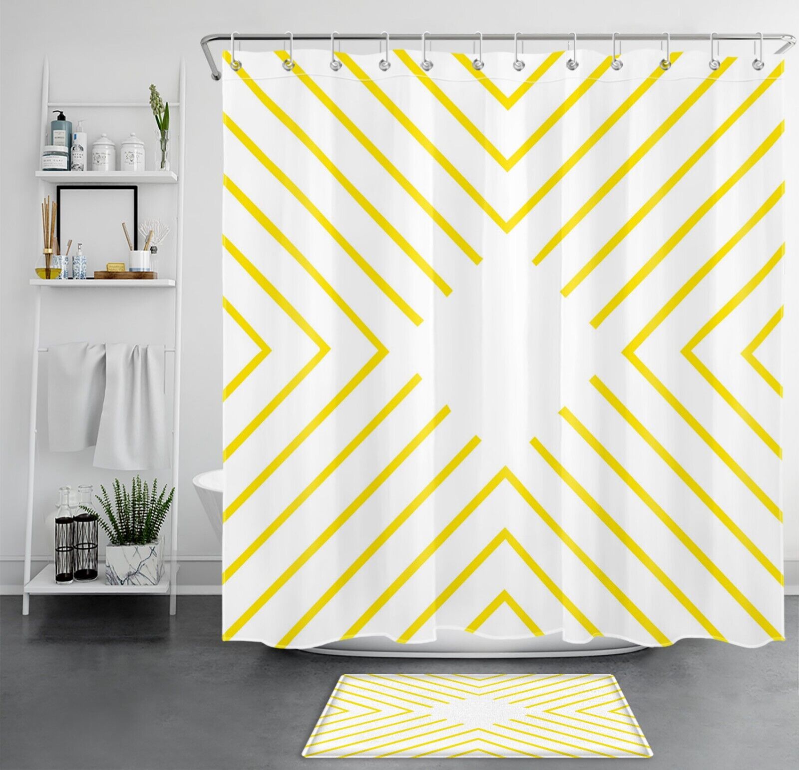White Yellow Striped Modern Geometric Shower Curtain, Simple and Chic Bathroom Accessory