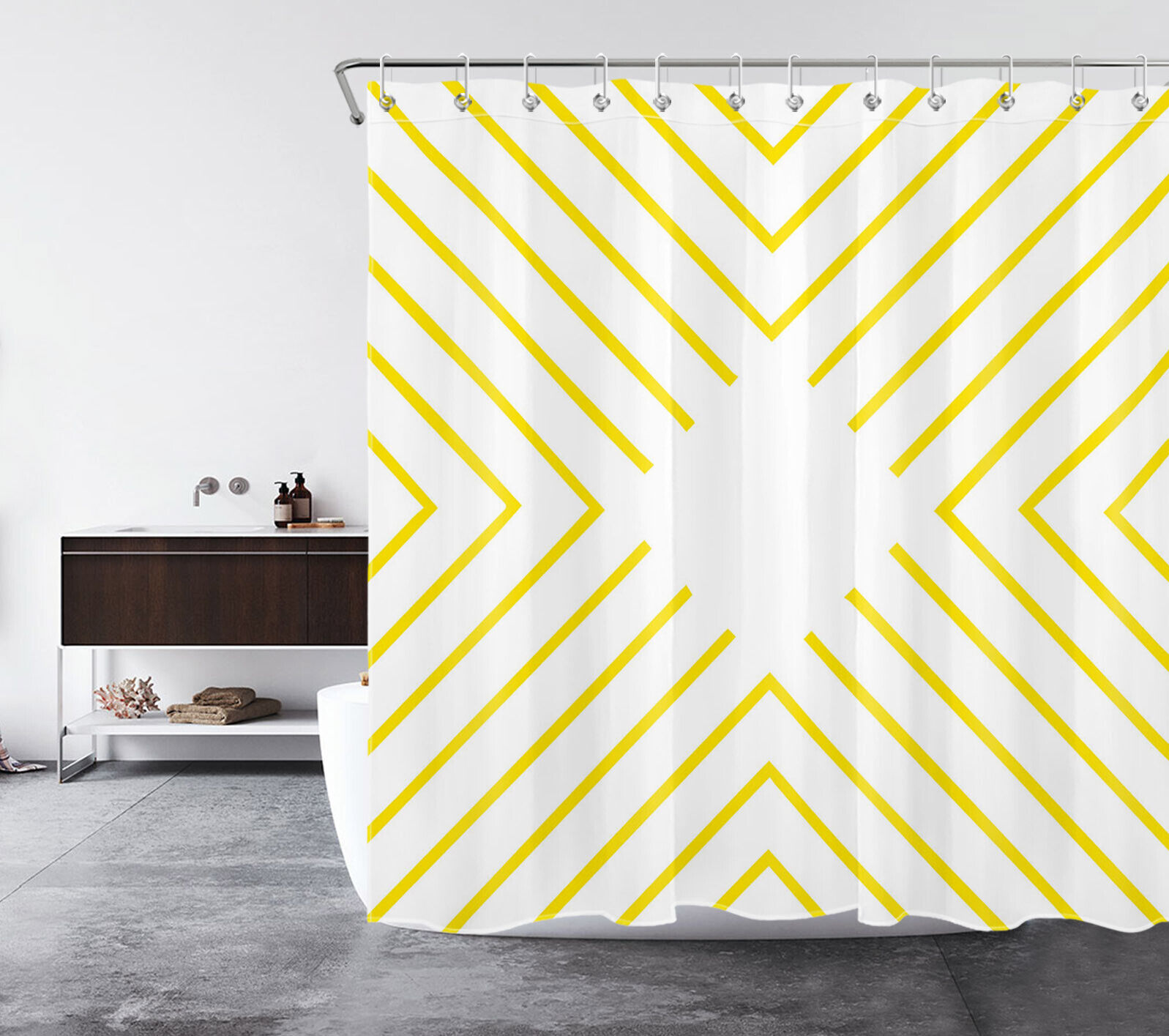White Yellow Striped Modern Geometric Shower Curtain, Simple and Chic Bathroom Accessory