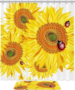 White Yellow Sunflower Waterproof Shower Curtain, Bright and Beautiful for Nature Lovers Bathroom Decor