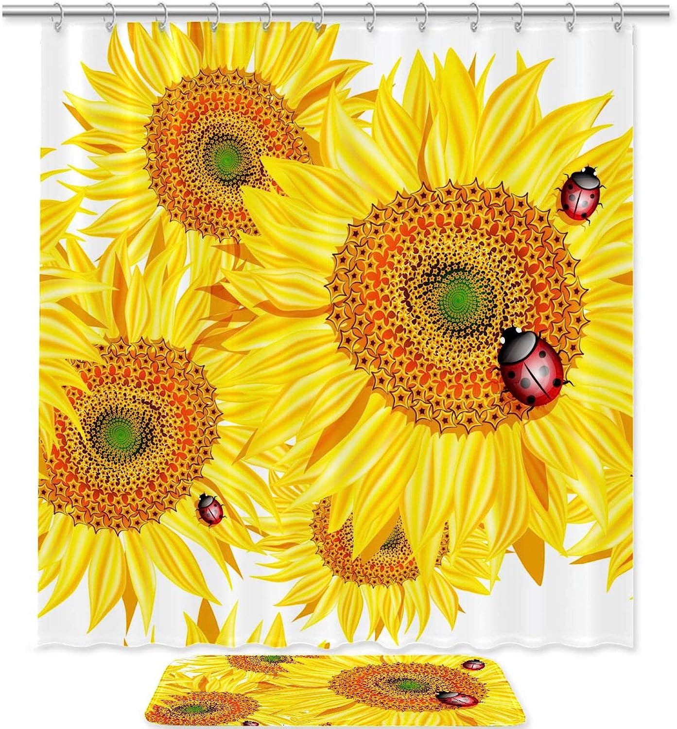 White Yellow Sunflower Waterproof Shower Curtain, Bright and Beautiful for Nature Lovers Bathroom Decor