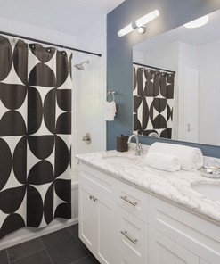 White and Black Geometric Print Shower Curtain for Modern Bathrooms