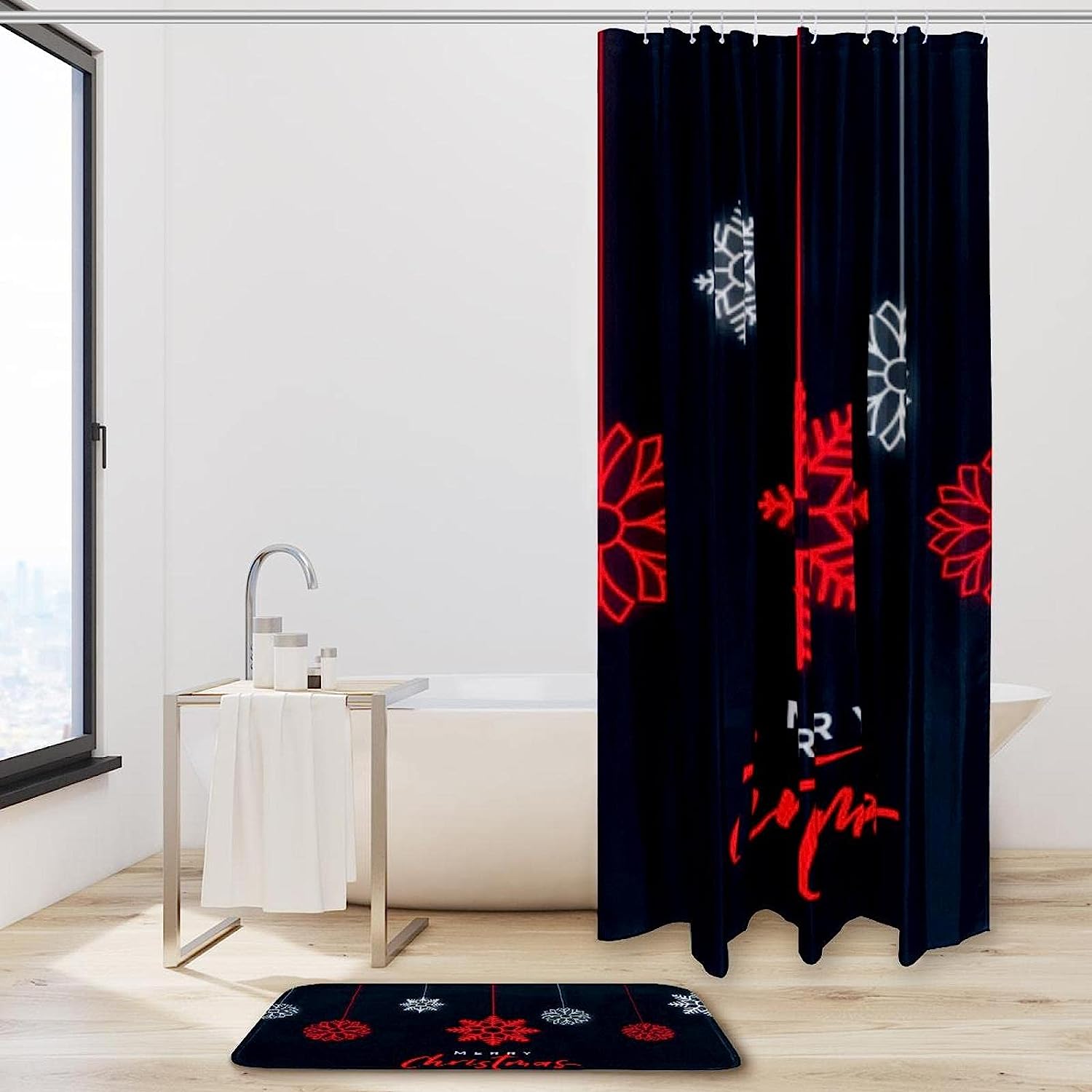 White and Blue Snowflake Print Shower Curtain