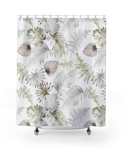 White and Cream Botanical Shower Curtain with Tropical Leaves Design, House Plants Bath Curtain