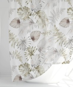 White and Cream Botanical Shower Curtain with Tropical Leaves Design, House Plants Bath Curtain