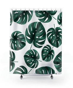 White and Green Monstera Tropical Leaves Boho Shower Curtain for Modern Minimalist Bathroom Decor