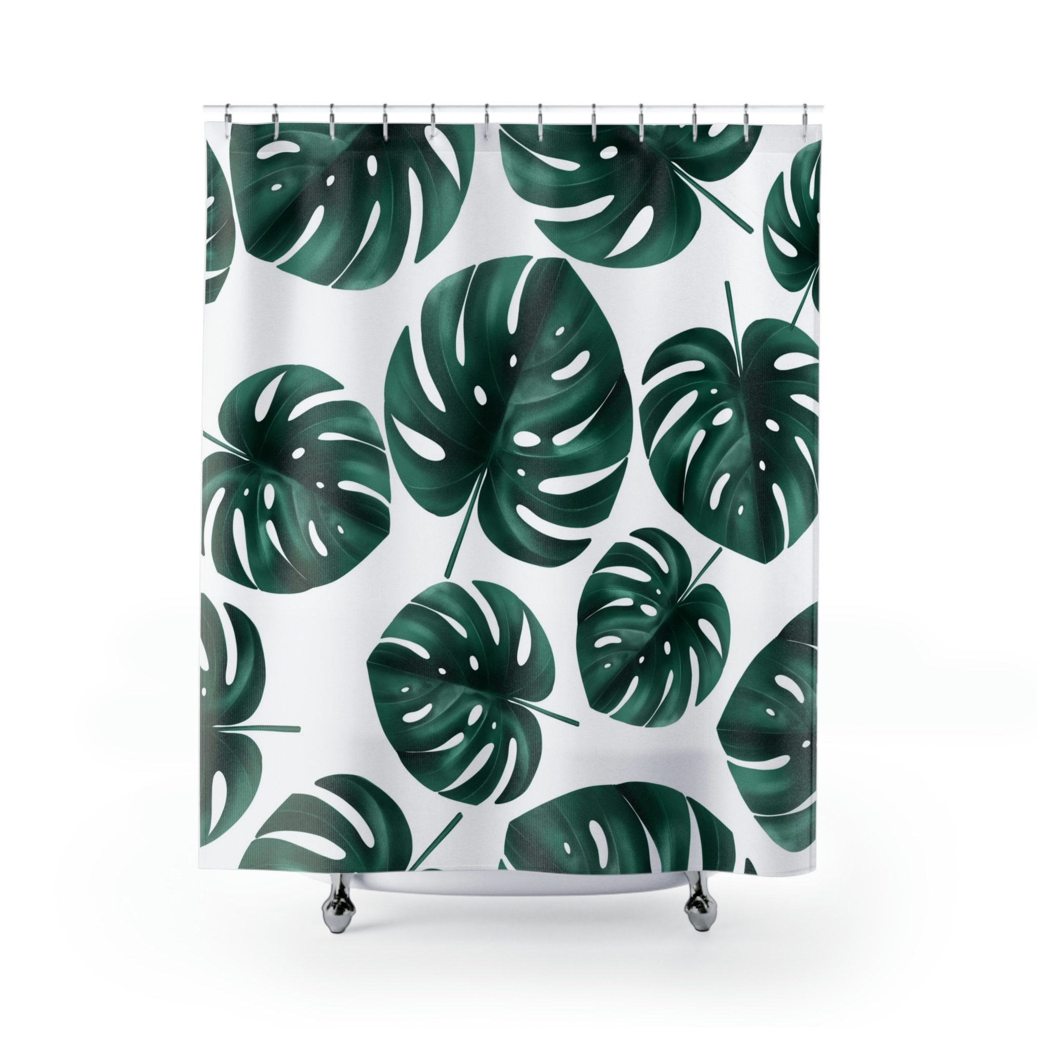 White and Green Monstera Tropical Leaves Boho Shower Curtain for Modern Minimalist Bathroom Decor