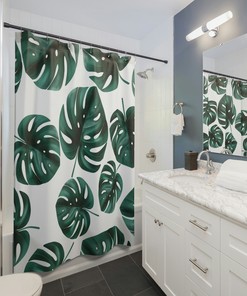 White and Green Monstera Tropical Leaves Boho Shower Curtain for Modern Minimalist Bathroom Decor