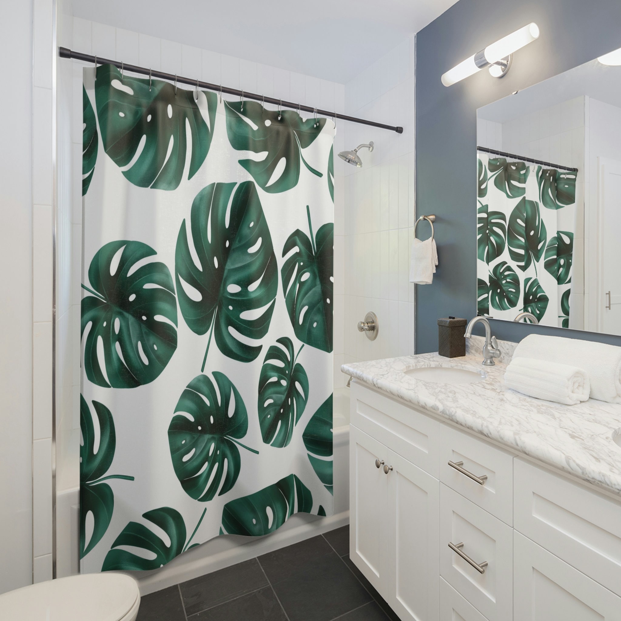 White and Green Monstera Tropical Leaves Boho Shower Curtain for Modern Minimalist Bathroom Decor
