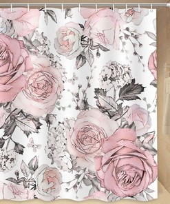White and Pink Tulip Floral Fabric Shower Curtain for Elegant Bathroom Dcor