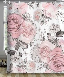 White and Pink Tulip Floral Fabric Shower Curtain for Elegant Bathroom Dcor