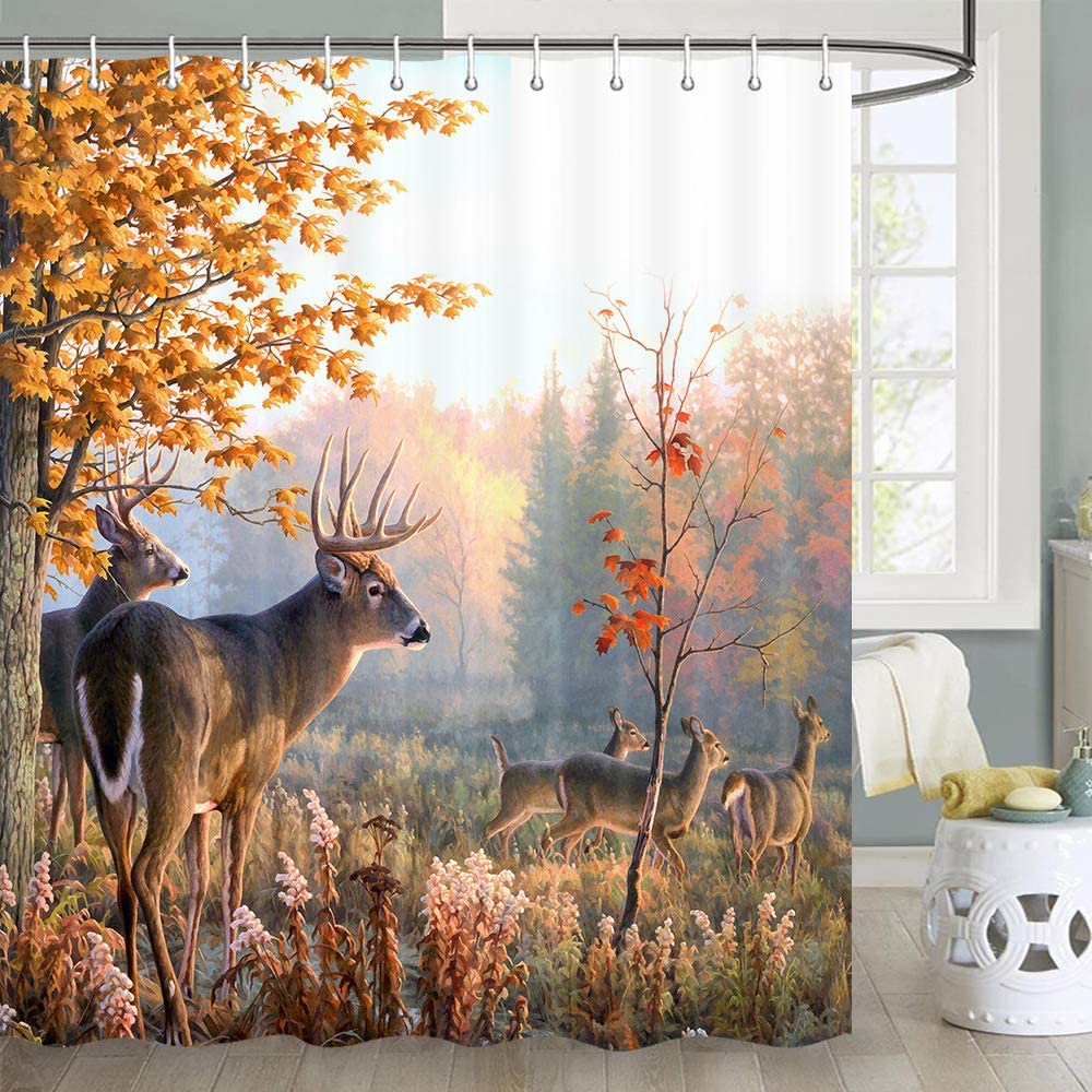 Whitetail Deer Hunting Shower Curtain, Fall Forest Autumn Bathroom Decor
