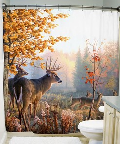 Whitetail Deer Hunting Shower Curtain, Fall Forest Autumn Bathroom Decor