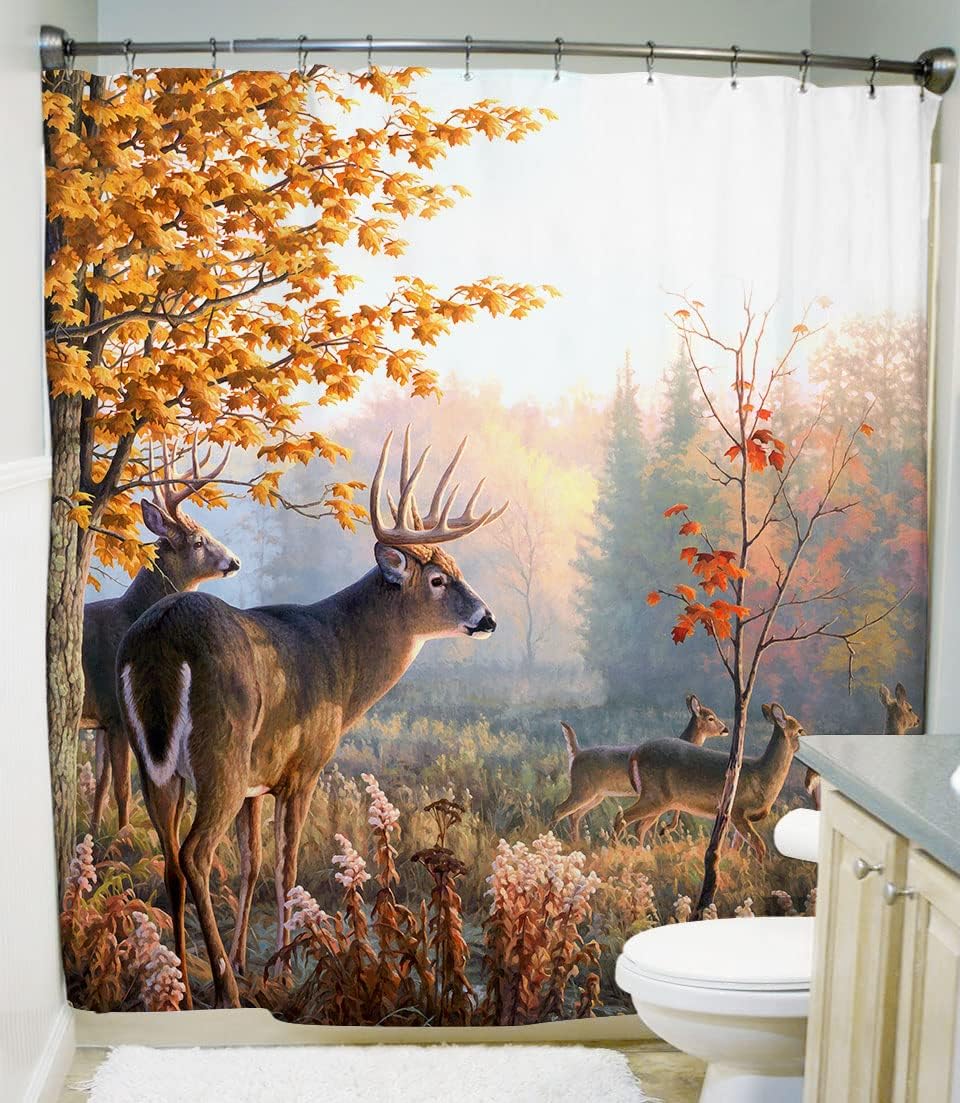 Whitetail Deer Hunting Shower Curtain, Fall Forest Autumn Bathroom Decor