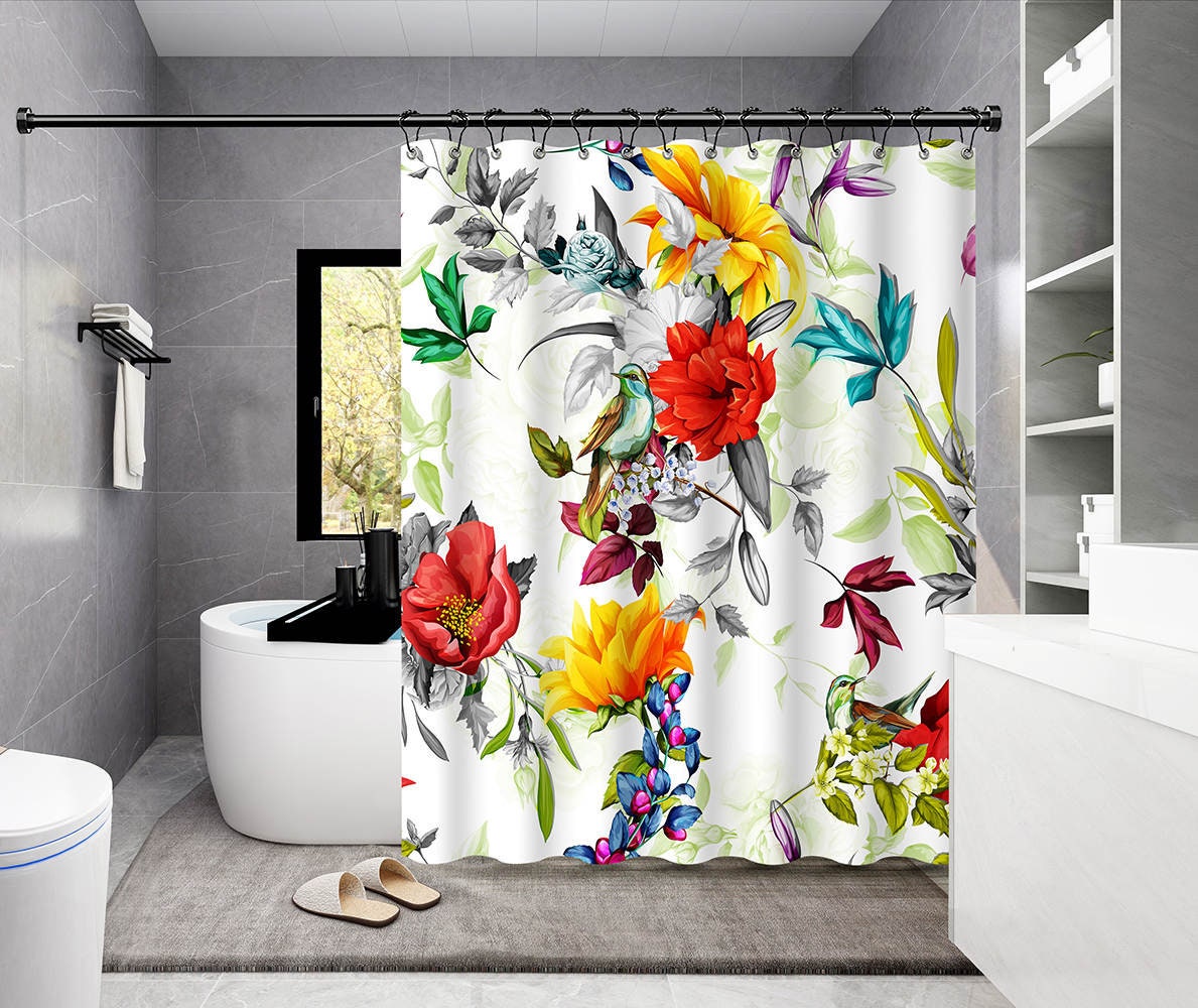Wide Aesthetic Shower Curtain with Floral Pattern, Bathroom Decor