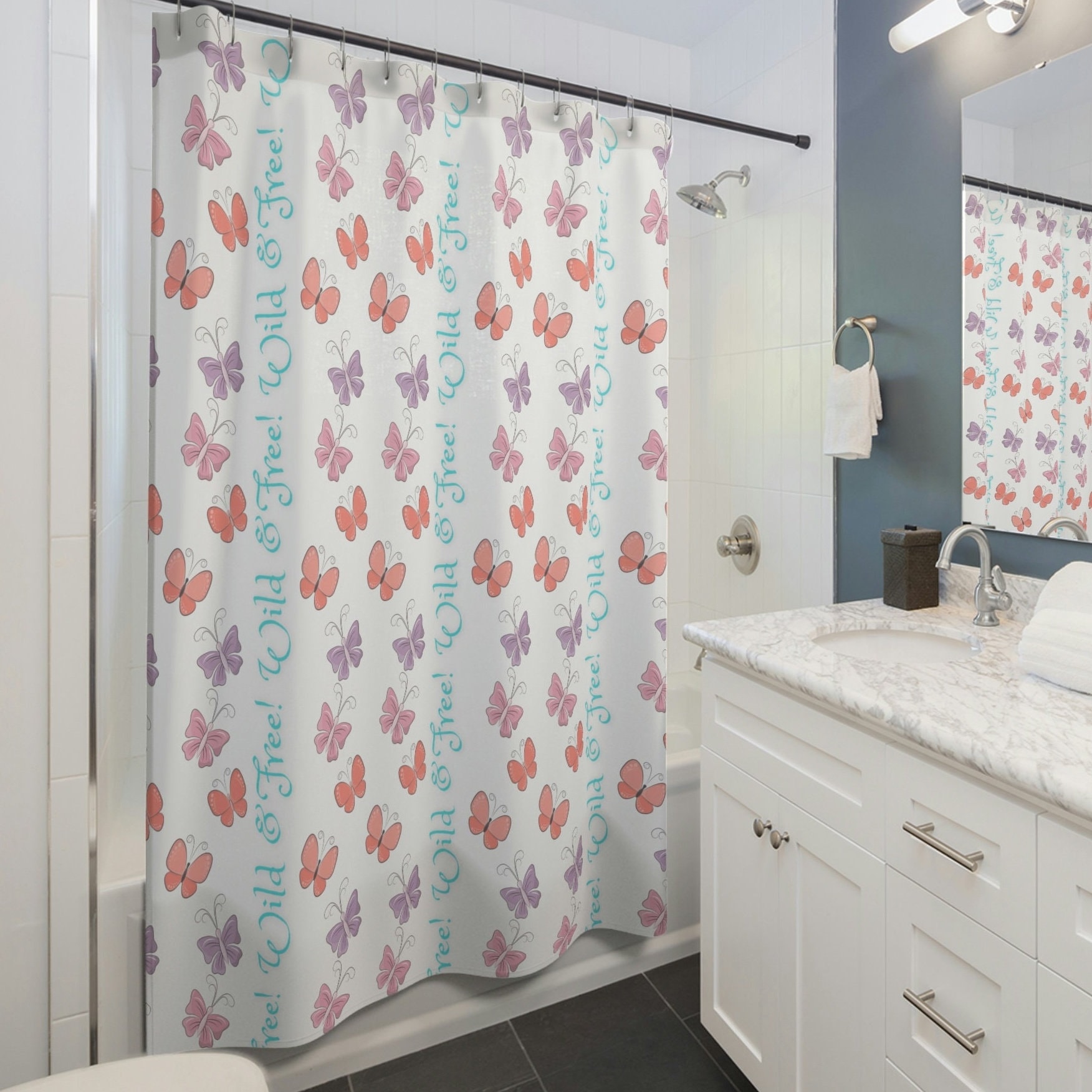 Wild And Free Butterfly Love Bath Curtain For Bohemian Bathroom Decor.