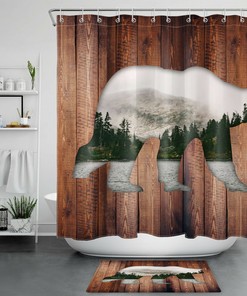 Wild Animal Bear Shower Curtain with Farmhouse Planks, Stylish and Rustic for Bathroom Accessories