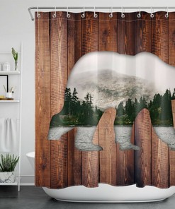 Wild Animal Bear Shower Curtain with Farmhouse Planks, Stylish and Rustic for Bathroom Accessories