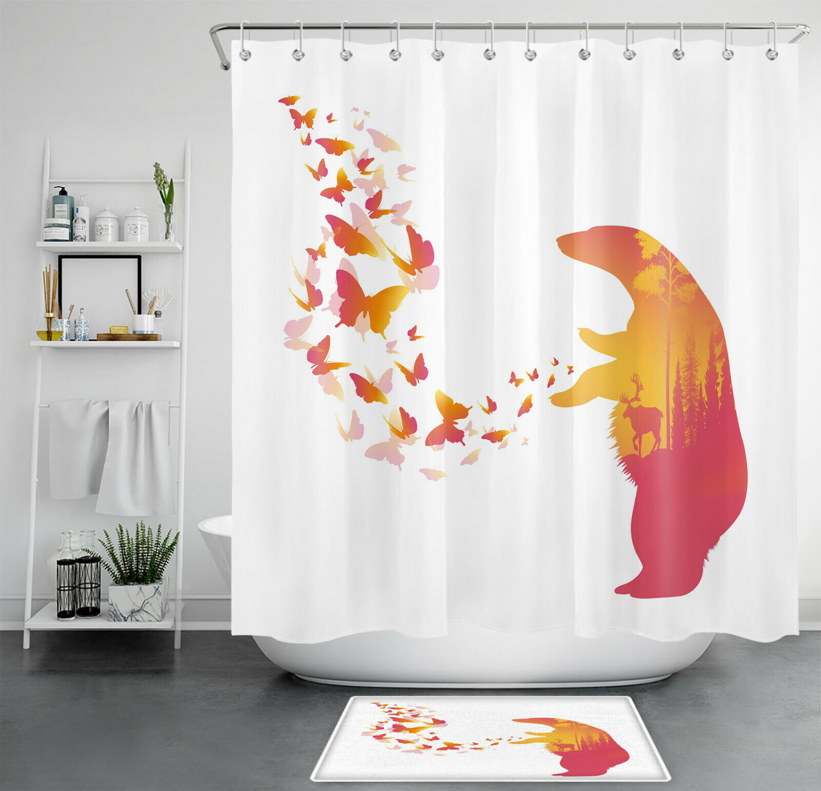 Wild Animal Bear Shower Curtain with Forest and Deer Theme for Chic and Natural Bathroom Decor