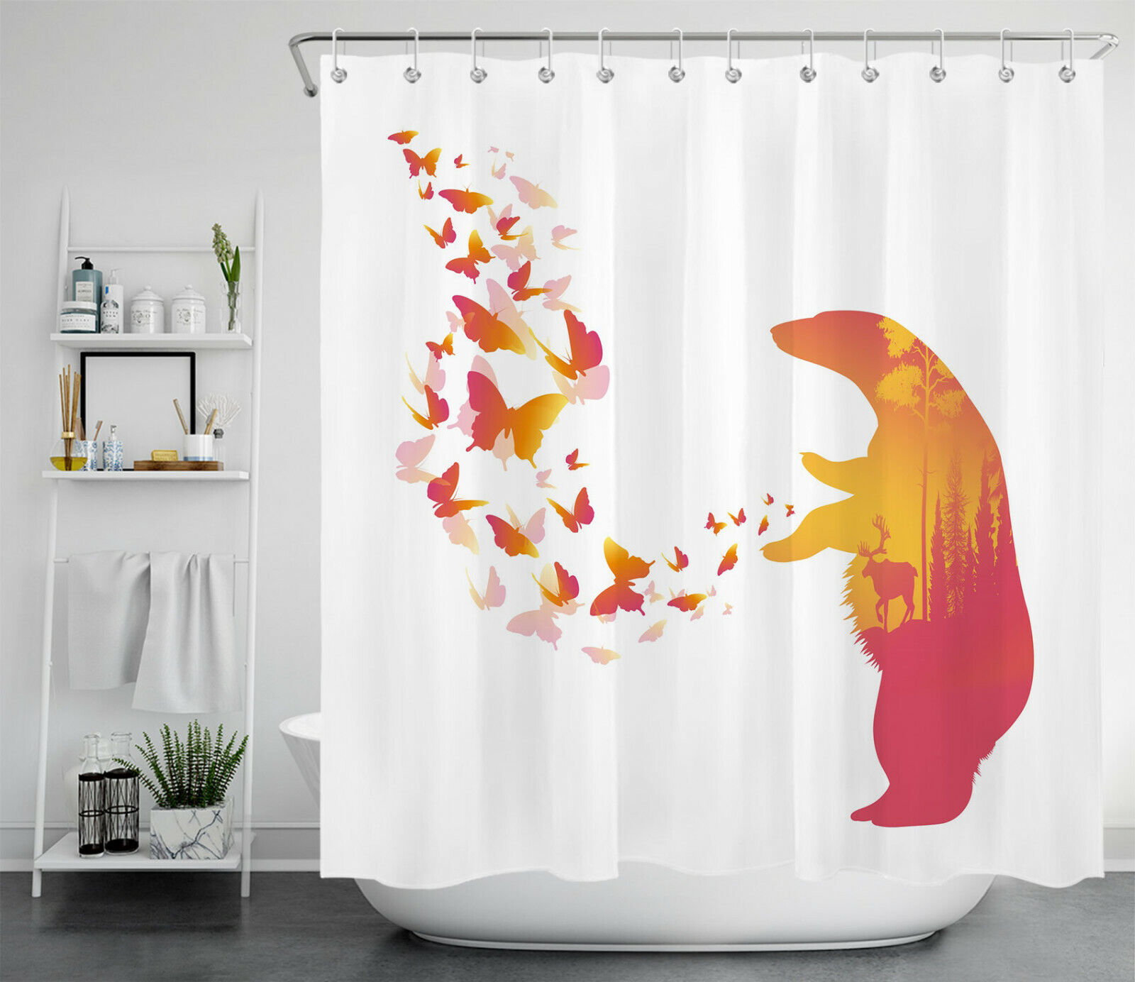 Wild Animal Bear Shower Curtain with Forest and Deer Theme for Chic and Natural Bathroom Decor