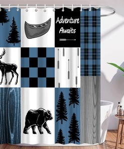Wild Animal Black Bear Moose Deer Blue Buffalo Plaid Checks Country Hunting Camping Bathroom Decor Fabric Shower Curtain