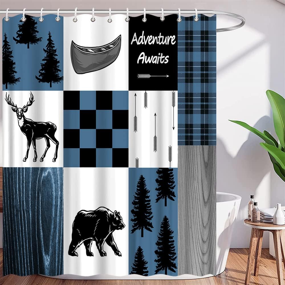 Wild Animal Black Bear Moose Deer Blue Buffalo Plaid Checks Country Hunting Camping Bathroom Decor Fabric Shower Curtain