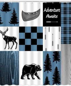 Wild Animal Black Bear Moose Deer Blue Buffalo Plaid Checks Country Hunting Camping Bathroom Decor Fabric Shower Curtain