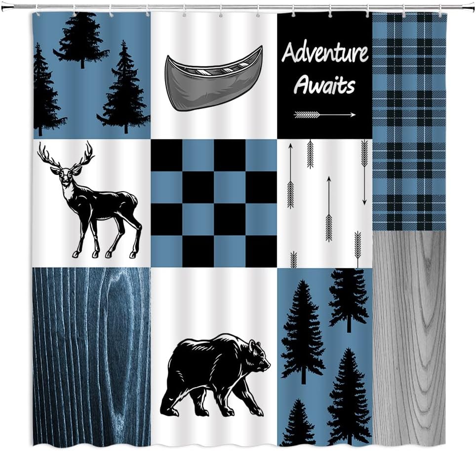 Wild Animal Black Bear Moose Deer Blue Buffalo Plaid Checks Country Hunting Camping Bathroom Decor Fabric Shower Curtain
