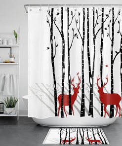 Wild Animal Deer Bird Tree Winter Shower Curtain - Forest Tree Bird Wild Animal Deer Winter