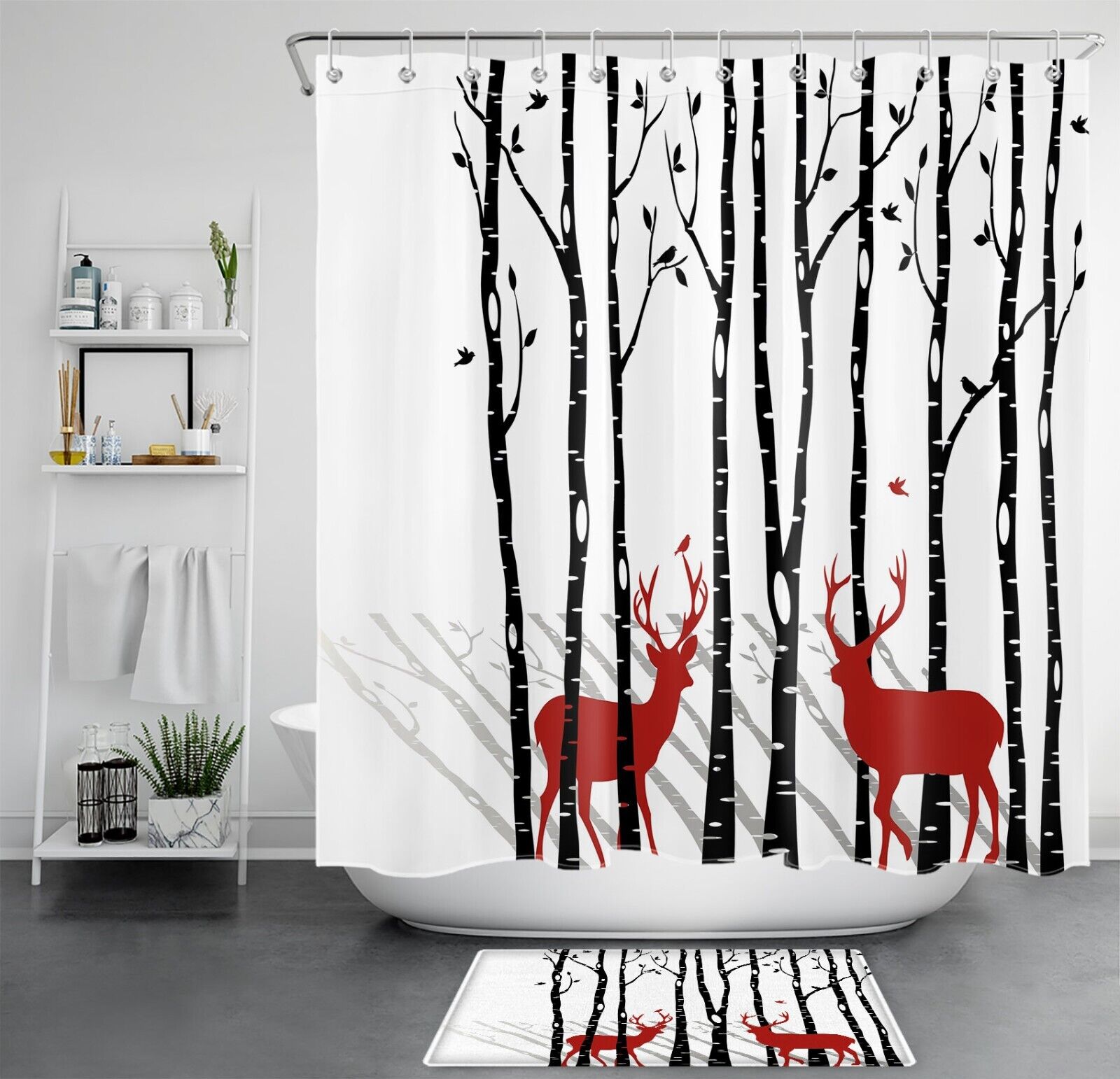 Wild Animal Deer Bird Tree Winter Shower Curtain - Forest Tree Bird Wild Animal Deer Winter