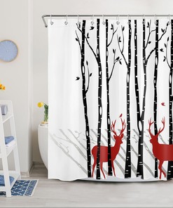 Wild Animal Deer Bird Tree Winter Shower Curtain - Forest Tree Bird Wild Animal Deer Winter