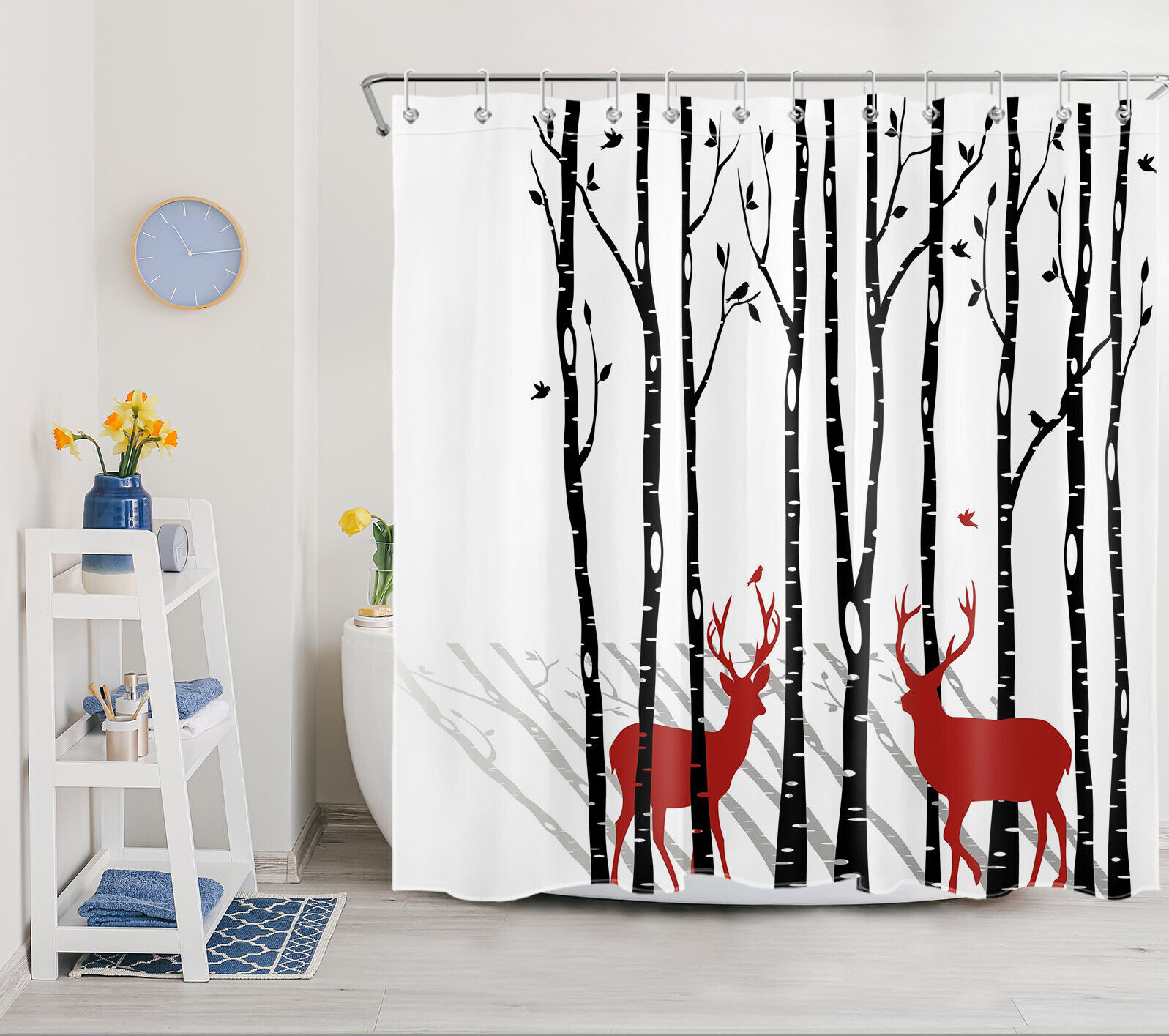 Wild Animal Deer Bird Tree Winter Shower Curtain - Forest Tree Bird Wild Animal Deer Winter