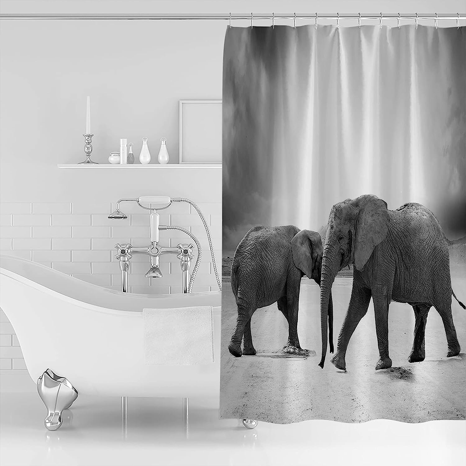 Wild Animal Elephant Gray Decorative Shower Curtain for a Minimalistic Bathroom