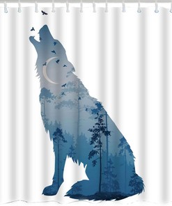 Wild Animal Howling Wolves with Night Moon Flying Birds Tree Waterproof Fabric Shower Curtain