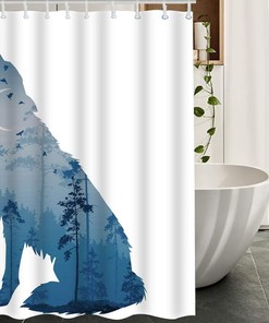 Wild Animal Howling Wolves with Night Moon Flying Birds Tree Waterproof Fabric Shower Curtain