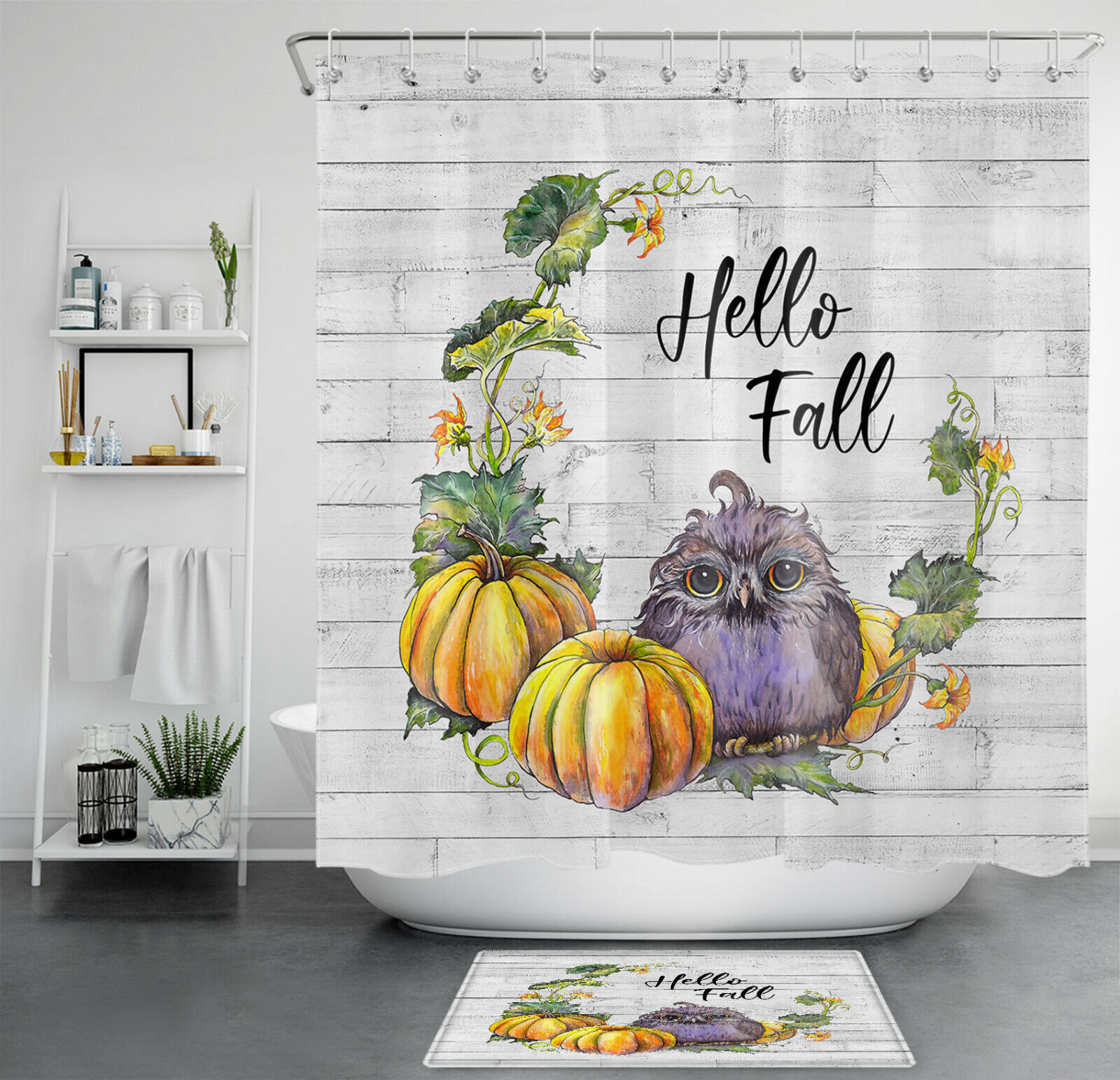 Wild Animal Owl Vine Leaf Pumpkin Shower Curtain - A Perfect Addition To Your Fall Bathroom Decor
