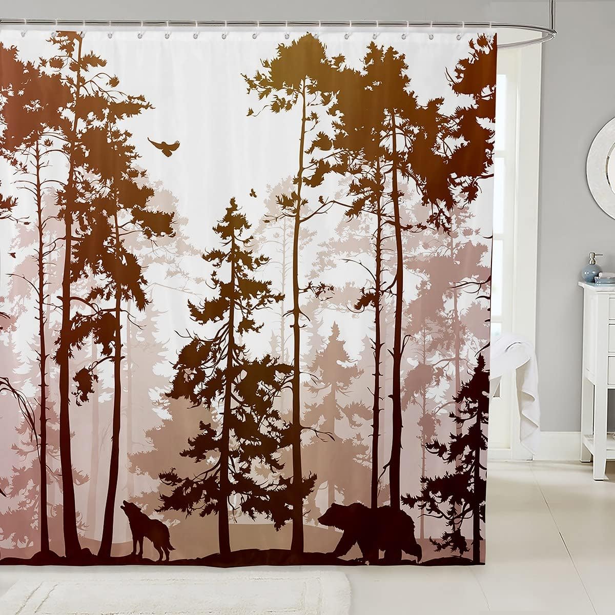 Wild Animal Themed Castle Fairy Bear And Wolf Print Shower Curtain With Silhouette Design
