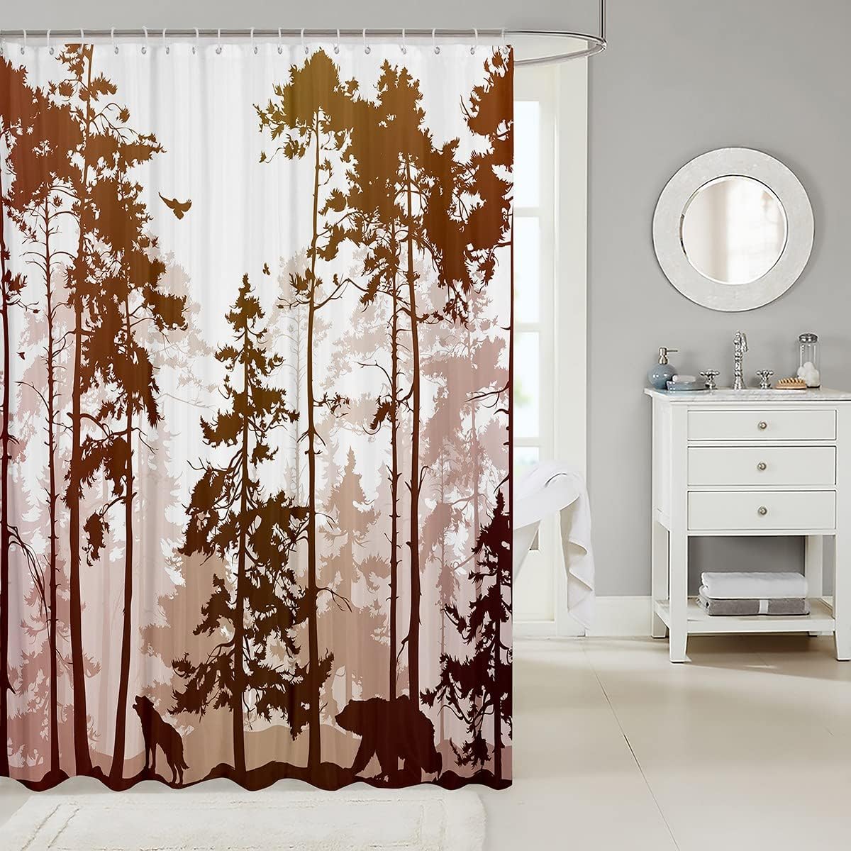 Wild Animal Themed Castle Fairy Bear And Wolf Print Shower Curtain With Silhouette Design - Image 2