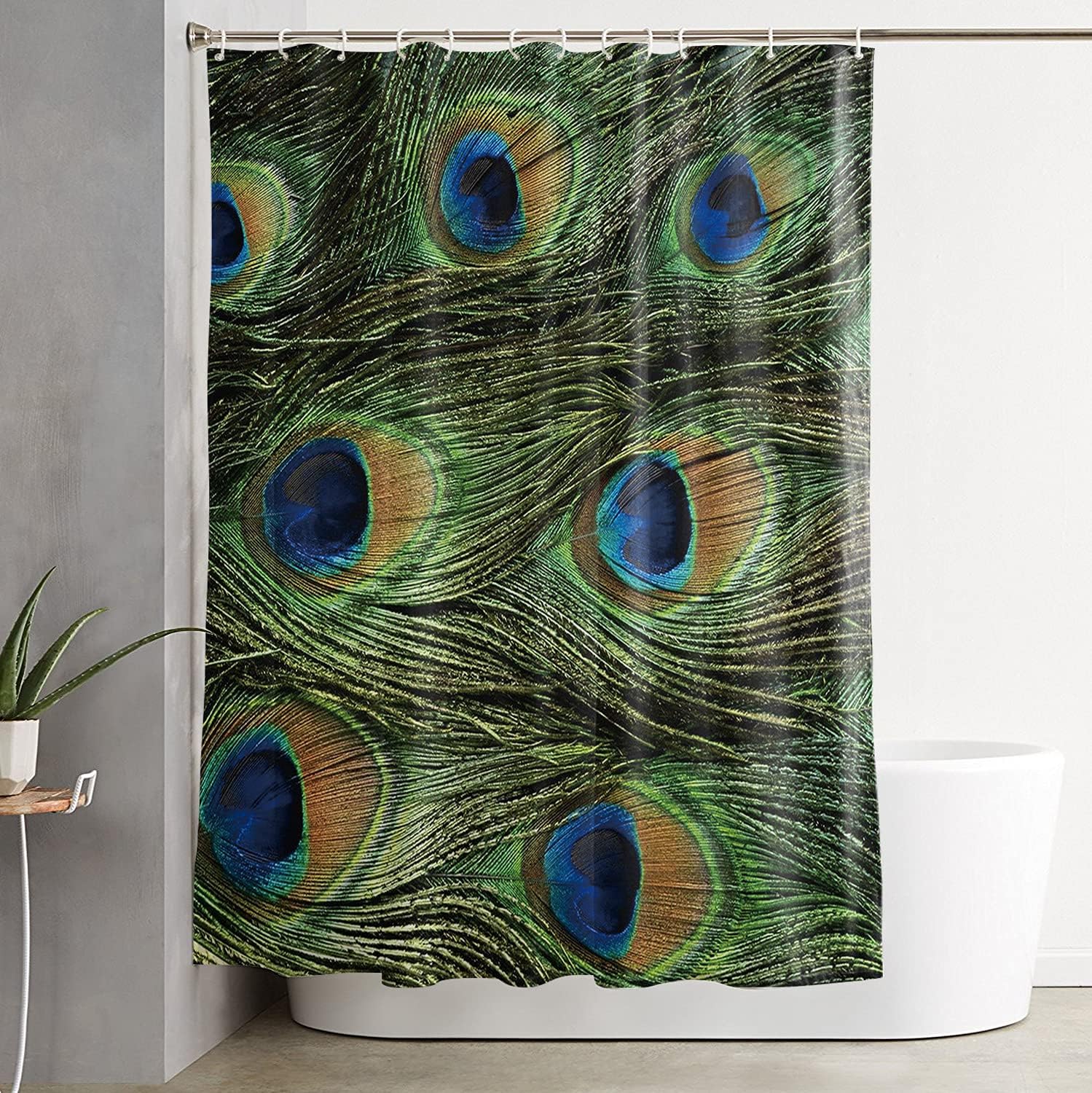 Wild Animals Abstract Art Shower Curtain, Green Peacock Feather Bathroom Decor, Bekyonee