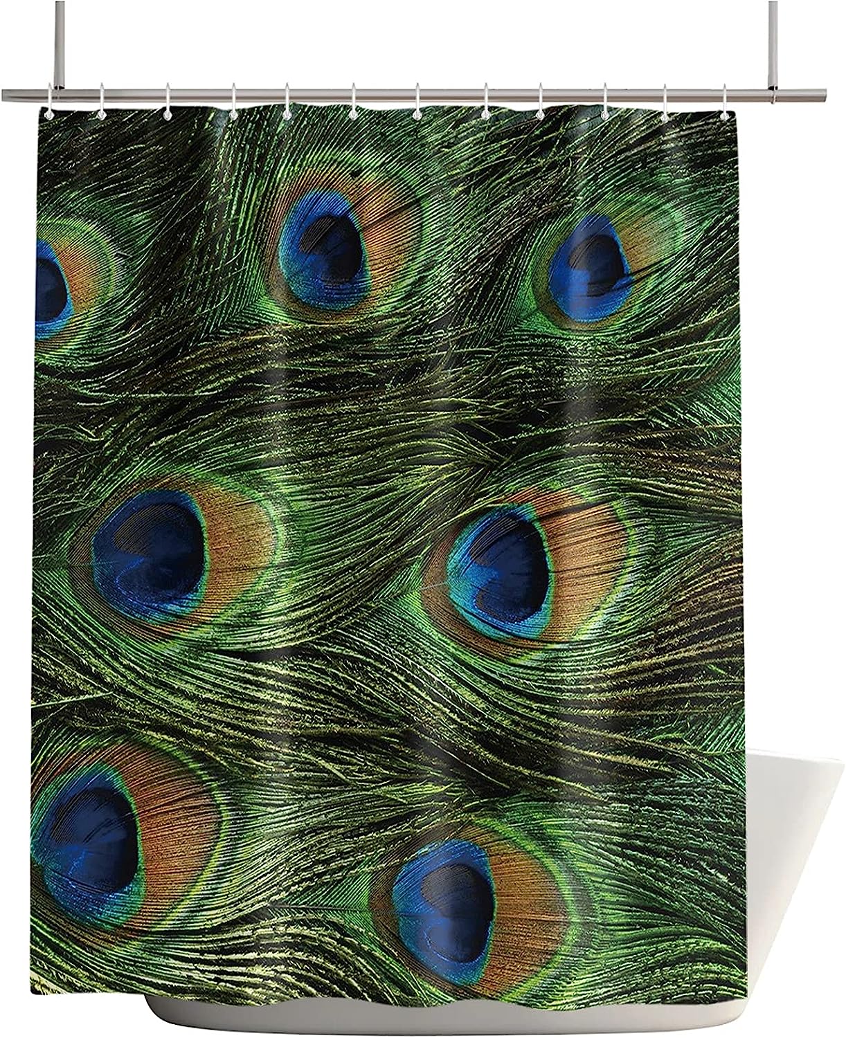 Wild Animals Abstract Art Shower Curtain, Green Peacock Feather Bathroom Decor, Bekyonee - Image 2