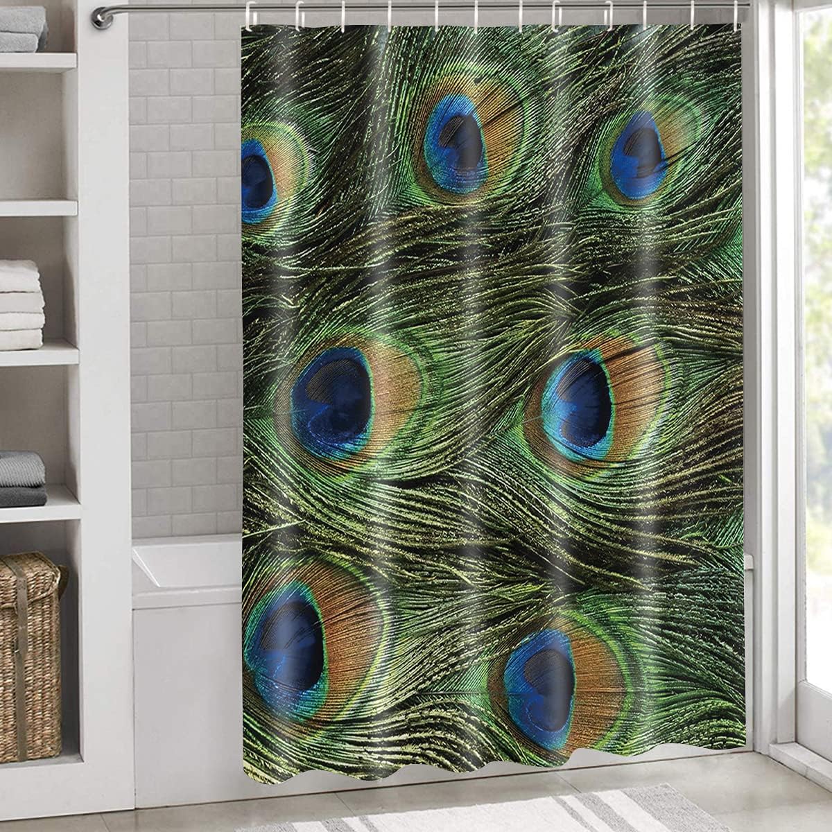 Wild Animals Abstract Art Shower Curtain, Green Peacock Feather Bathroom Decor, Bekyonee - Image 3